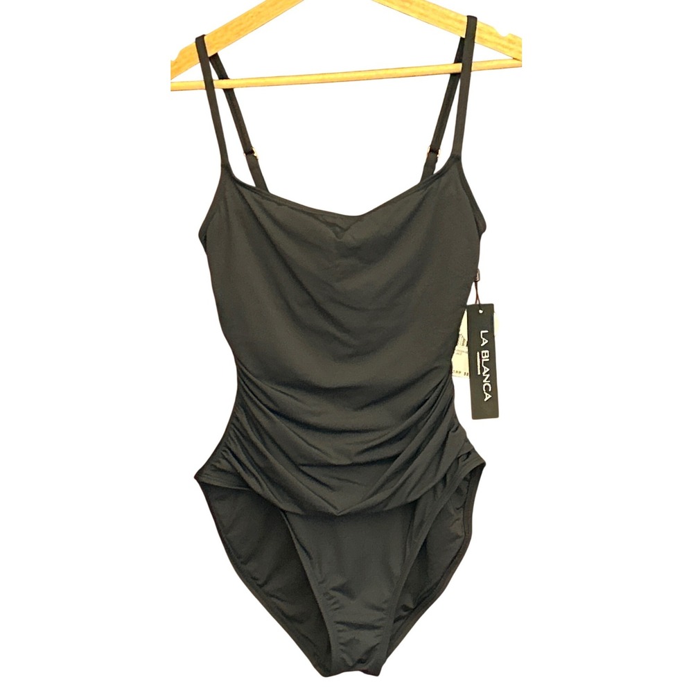 NWT La Blanca One Piece Swimsuit Island Goddess Ruched Classic Chic Black 8